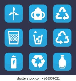 Recycle icon. set of 9 filled recycle icons such as baby bottle, recycle, trash bin, bottle, energetic drink