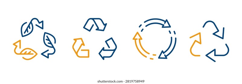 recycle, icon set, bio recyclable, waste trash, arrows rotation linear signs on white background, reduce, reuse, editable blue and yellow color, simple icons, vector illustration eps10