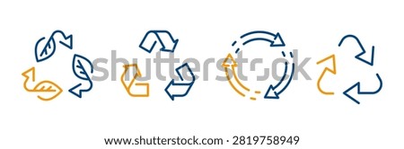 recycle, icon set, bio recyclable, waste trash, arrows rotation linear signs on white background, reduce, reuse, editable blue and yellow color, simple icons, vector illustration eps10