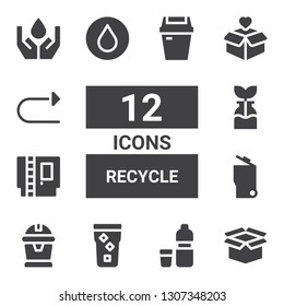 recycle icon set. Collection of 12 filled recycle icons included Package, Water, Garbage, Cartridge, Reuse, Redo, Ecology, Trash
