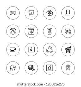 Recycle icon set. collection of 16 outline recycle icons with coffee cup, eco house, global warming, garbage truck, package, paper bag, reuse, recycling truck icons.