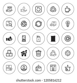 Recycle icon set. collection of 25 outline recycle icons with bin, coffee cup, cardboard, eco fuel, eco house, ecology, green energy, guillotine icons. editable icons.