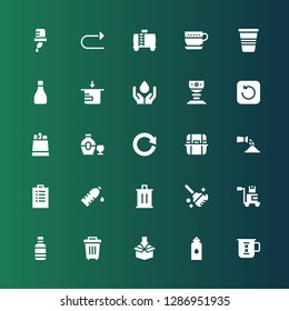 recycle icon set. Collection of 25 filled recycle icons included Cup, Water, Package, Trash, Water bottle, Clean, Padnote, Watering, Litter box, Refresh, Bottle, Paper bag, Water tank