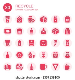 recycle icon set. Collection of 30 filled recycle icons included Water, Eco house, Bottles, Package, Paper bag, Coffee cup, Trash, Water bottle, Refresh, Bottle, Renewable energy