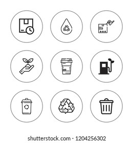 Recycle icon set. collection of 9 outline recycle icons with bin, coffee cup, eco fuel, ecologism, package, recycle bin, recycling icons. editable icons.