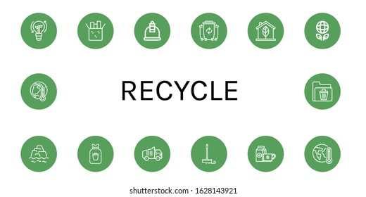 recycle icon set. Collection of Clean energy, Reuse, Cupping, Waste, Eco, Ecology, Warming, Rubbish, Garbage truck, Mop, Coffee cup, Global warming, Recycle bin icons