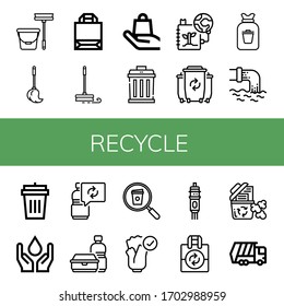conjunto de iconos de reciclaje. Colección de Mop, Bolsa de papel, Mango con cuidado, Basura, Salvar el planeta, Desperdicios, Basura, Basura, Basura, Agua, Reutilización, Botella de plástico, Café, Iconos naturales