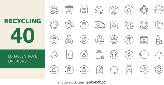 Recycle icon set. Containing ecology, environment, eco, green energy, recycling, garbage, trash, separation, water, earth care and more. Editable line icons. Vector illustration.