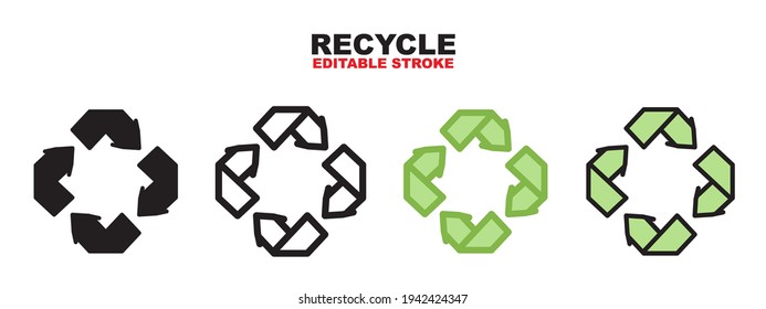 Recycle icon set with different styles. Colored vector icons designed in filled, outline, flat, glyph and line colored. Editable stroke and pixel perfect. Can be used for web, mobile, ui and more.