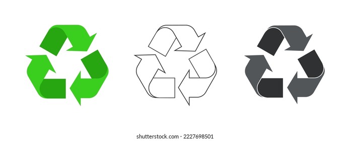 Recycle icon set. Recycled cycle arrows - green, outline, black. Recycling logo symbol. Ecology icon template. Ecofriendly concept. Vector illustration