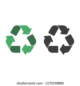 Recycle icon set. Recycling pictogram isolated on white background. Green and black recycle signs. Flat style. Circle arrow symbol. Vector illustration EPS 10.