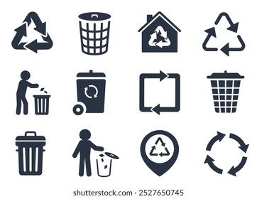 Recycle icon set. Trash can, trash bin, trash dusbin, recycling, arrow recycle, means using recycled resources.