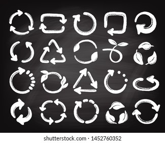 Recycle icon set. Vector grunge shapes on chalkboard