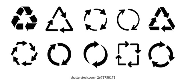 ícone de reciclagem definir vetor no fundo branco. seta, símbolo, eco, ecologia, ambiente, sustentável, sustentabilidade, verde, natureza, símbolo.