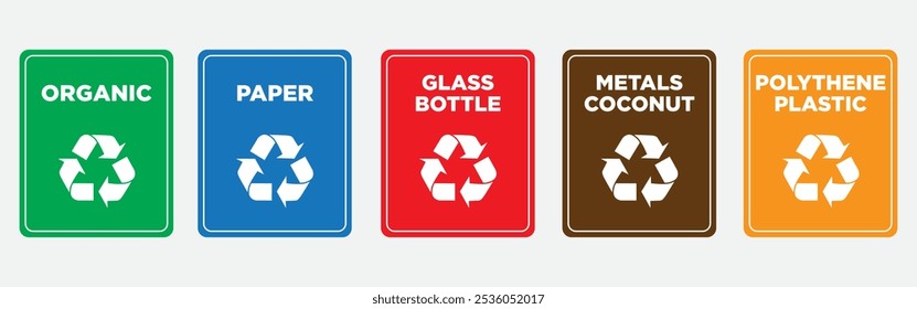 Icono de reciclaje, letrero y etiquetas con diferentes categorías Papel orgánico, metales de vidrio polietileno