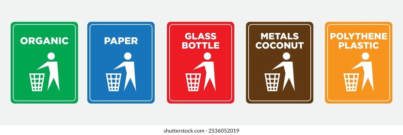 Recycle icon, sign and labels with  different category Organic, paper glass metals polythene