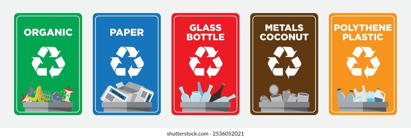 Recycle icon, sign and labels with  different category Organic, paper glass metals polythene