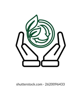 recycle icon. sustainability symbol with plants in hand. reuse, eco, used goods, green energy web icon. line design style