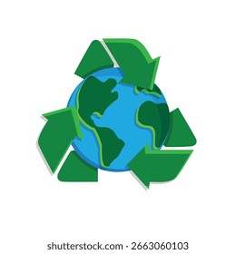 Recycle icon. Sustainability vector. Recycle arrow symbol with earth in the center. Reuse, recycle, web icon. Isometric design style.