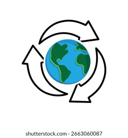 Icono de reciclaje. Vector de sostenibilidad. Tres flechas de reciclaje con la tierra en el centro. Reutilizar, reciclar. estilo de diseño mixto.
