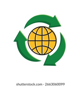 Symbol wiederverwenden. Nachhaltigkeitsvektor. Drei Recycling-Pfeile mit dem Globus in der Mitte. Wiederverwenden, recyceln, Websymbol. Isometrischer Designstil.