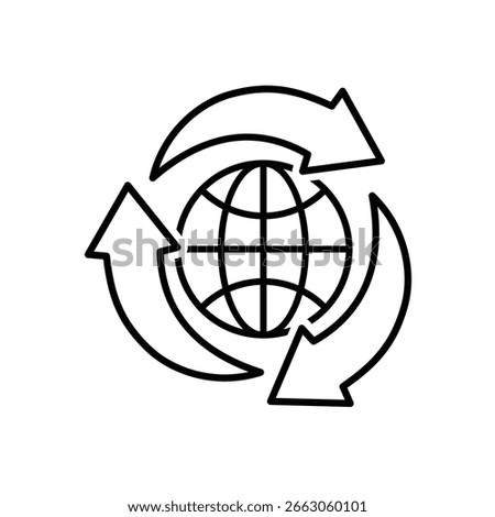 Recycle icon. Sustainability vector. Three recycling arrows with the globe in the center. Reuse, recycle, web icon. outline design style.