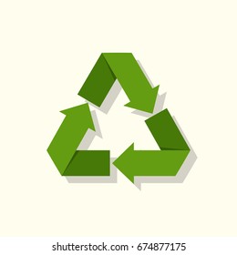 Recycle icon. Symbol ecology logo. Environment protection. Vector illustration flat design. Isolated on white background. Green arrows around the triangle. Conservation earth. 