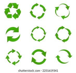 Reciclar vector de símbolo de icono. Paquete de iconos de flecha de reciclaje y rotación. Ilustración del vector