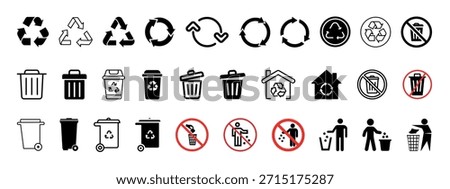 Recycle icon and trash symbol. Collection of recycling symbols and trash cans. Bin icon set. Trash can collection. Vector illustration of recycling sign. 