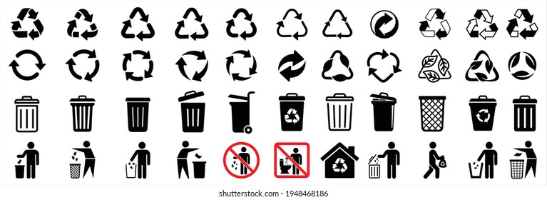 icono de reciclaje y símbolo de basura, Signo de reciclaje, Símbolo de reciclaje Aislado sobre fondo blanco. Ilustración vectorial.