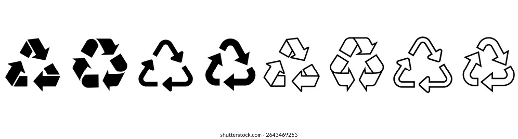 Recycle icon vector set. Recyclable materials illustration sign collection. Trash symbol. Eco logo. Recycle button web icons set. Ecology symbols. 