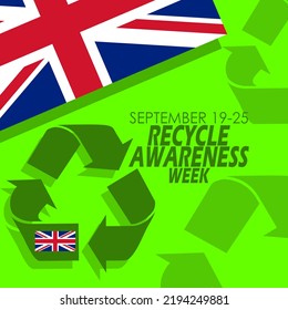 Recycle icons with bold text and British flag on light green background to commemorate Recycle Awareness Week on September 19-25 in United Kingdom