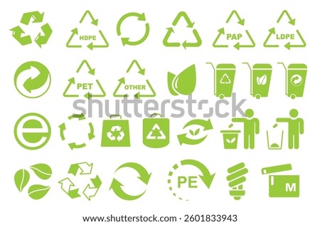Recycle icons. Eco friendly packaging certification symbols, plastic paper aluminum recycling signs with arrows, ecology symbols. Vector recycle isolated set.