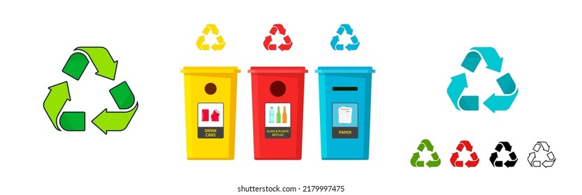 Recycle icons logo vector sign for waste types or reuse eco garbage trash plastic containers flat cartoon illustration isolated on white clipart image set