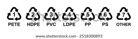 Recycle icons with numbers, PET, PETE, HDPE, PVC, LDPE, PP, PS and OTHER. Isolated vector symbols.