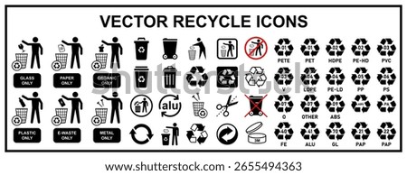 recycle icons for product packaging including recycling code, different materials recycle, tidy man, recycle metal, plastic, paper, glass, organic, e waste, cut here, expire date, trash bin etc.