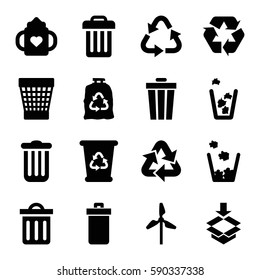 recycle icons set. Set of 16 recycle filled icons such as trash bin, baby bottle, trash bag, box, delete trash bin