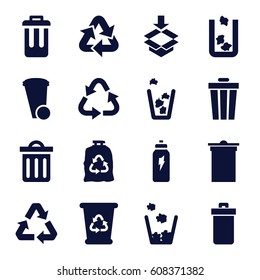 Recycle icons set. set of 16 recycle filled icons such as trash bin, trash bag, box