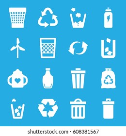 Recycle icons set. set of 16 recycle filled icons such as trash bin, baby bottle, recycle, trash bag, update, bottle, delete trash bin, energetic drink