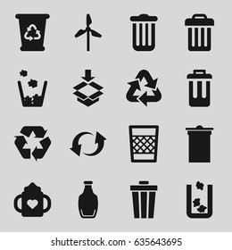Recycle icons set. set of 16 recycle filled icons such as trash bin, baby bottle, box, update, bottle, bin