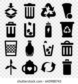 Recycle icons set. set of 16 recycle filled icons such as trash bin, baby bottle, box, update, bottle, energetic drink