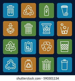 recycle icons set. Set of 16 recycle outline icons such as trash bin, trash bag, box
