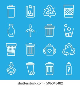 recycle icons set. Set of 16 recycle outline icons such as trash bin, baby bottle, recycle, box, bottle, bin, energetic drink