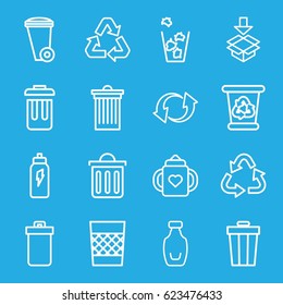 Recycle icons set. set of 16 recycle outline icons such as trash bin, baby bottle, box, update, bottle