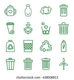 Recycle icons set. set of 16 recycle outline icons such as baby bottle, trash bin, recycle, trash bag, box, update, bottle, delete trash bin, bin, energetic drink