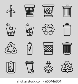 Recycle icons set. set of 16 recycle outline icons such as trash bin, box, energetic drink