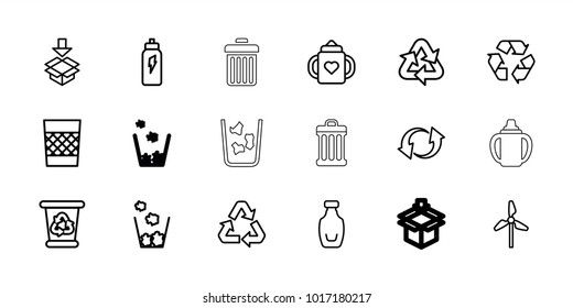 Recycle icons. set of 18 editable outline recycle icons: trash bin, baby bottle, mill, box, update, bottle