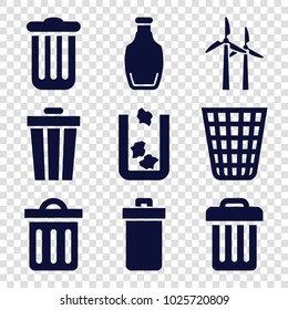 Recycle icons. set of 9 editable filled recycle icons such as trash bin, bottle, delete trash bin