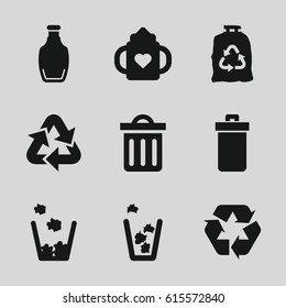 Recycle icons set. set of 9 recycle filled icons such as trash bin, baby bottle, trash bag, recycle, bottle
