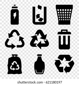Recycle icons set. set of 9 recycle filled icons such as trash bin, recycle, trash bag, bottle, bin